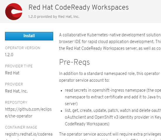 codeready workspaces install