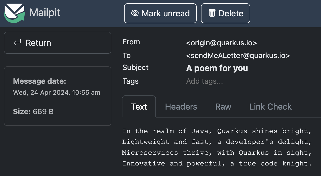 mailpit email sent